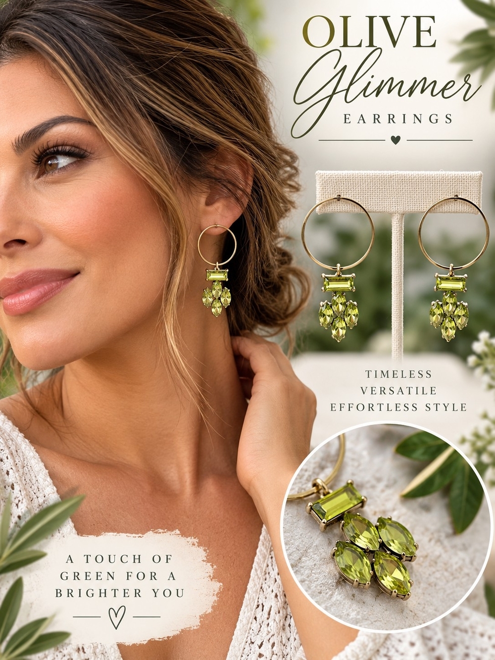 A63. Olive Green Crystal Gold-Tone Hoop Dangle Earrings Statement Jewelry